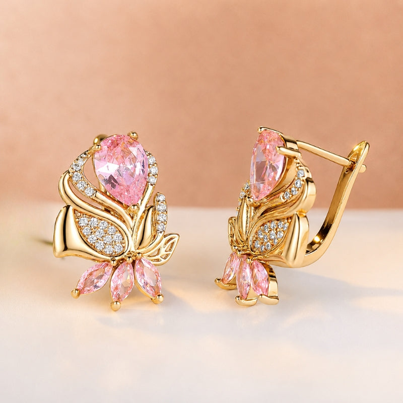 Pink Cubic Zirconia Flower Drop Earrings with Pavé Accents — main image