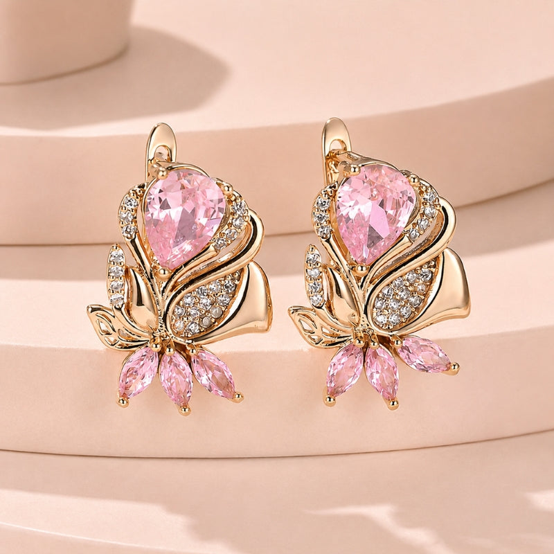 Pink Cubic Zirconia Flower Drop Earrings with Pavé Accents — view 2