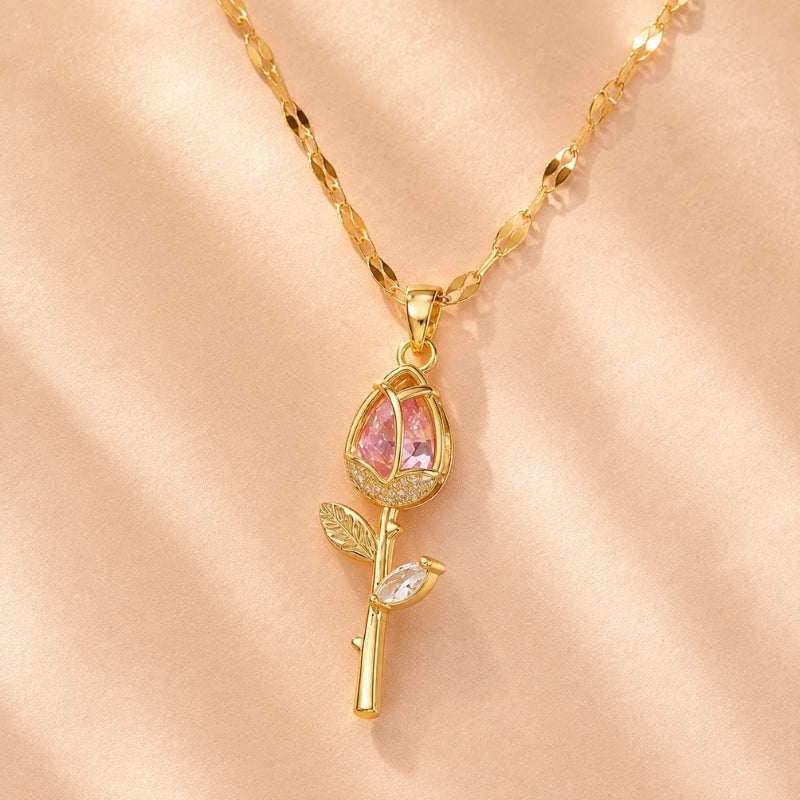 Pink Crystal Rose Flower Pendant Necklace with Gold-Tone Chain — main image