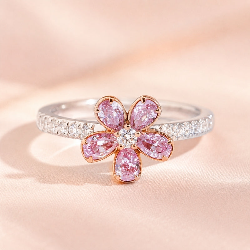 Pink Blossom Cluster Cocktail Ring with Pavé Band — main image