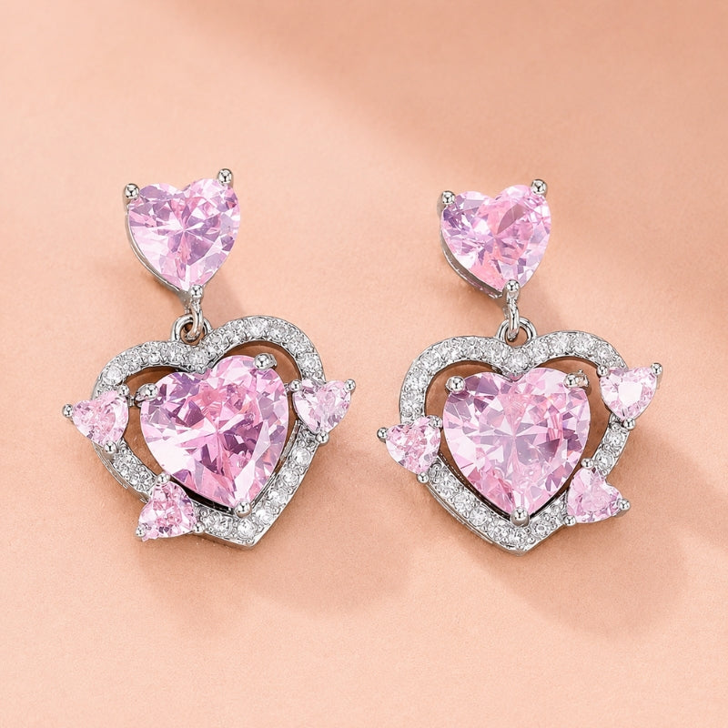 Heart-Shaped Pink Cubic Zirconia Drop Earrings with Pave Frame — main image