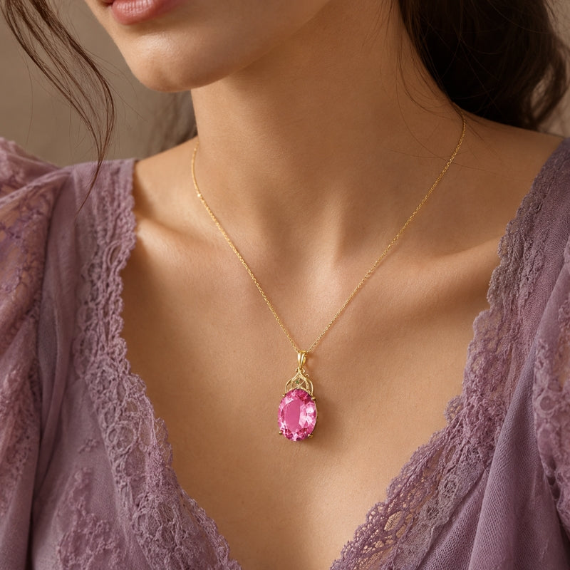 Oval Pink Stone Pendant Necklace with Gold-Tone Scroll Setting — main image