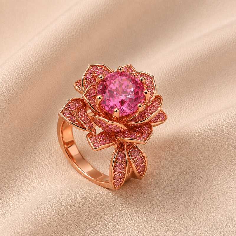 Floral Pink Cubic Zirconia Cocktail Ring with Rose Gold Petal Design — main image