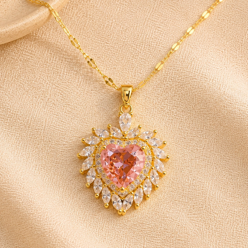 Heart-Shaped Pink Stone Pendant Necklace with Crystal Halo — main image