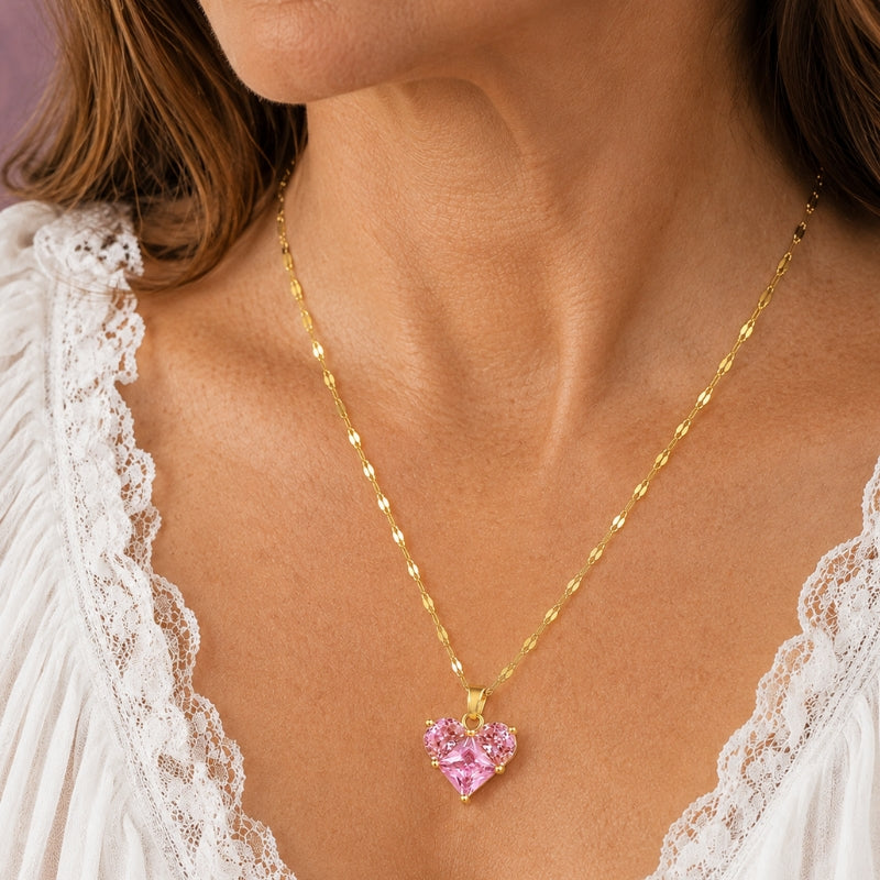 Heart-Shaped Pink Cubic Zirconia Mosaic Pendant Necklace with Gold-Plated Chain — main image