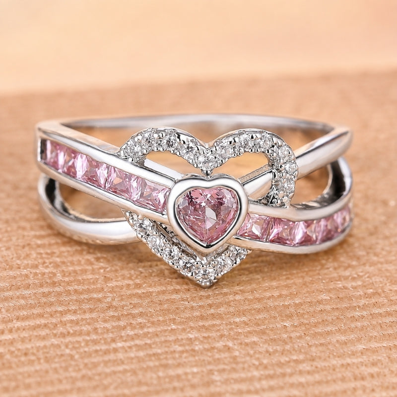 Heart-Shaped Pink Cubic Zirconia Ring with Halo and Split Band — main image