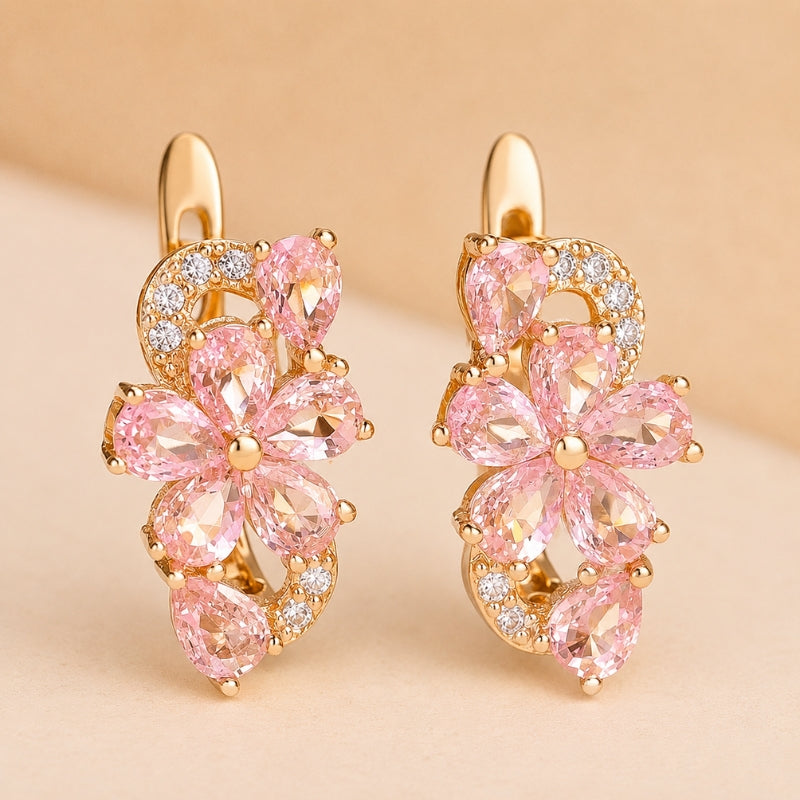 Floral Pink Stone Drop Earrings with Layered Petal Design in Gold Tone — main image