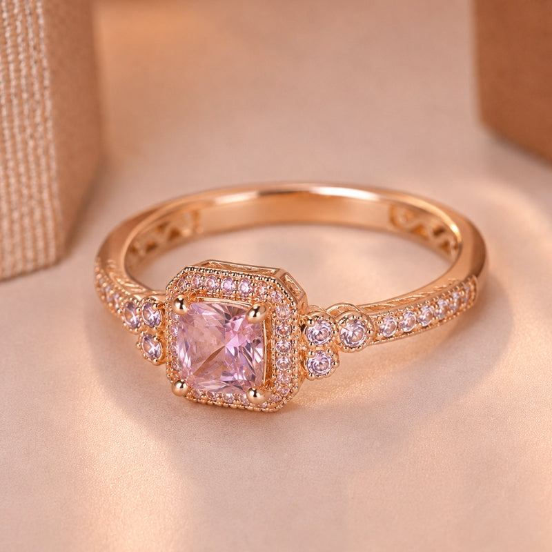 Radiant-Cut Pink Zircon Halo Ring with Pave Band — main image