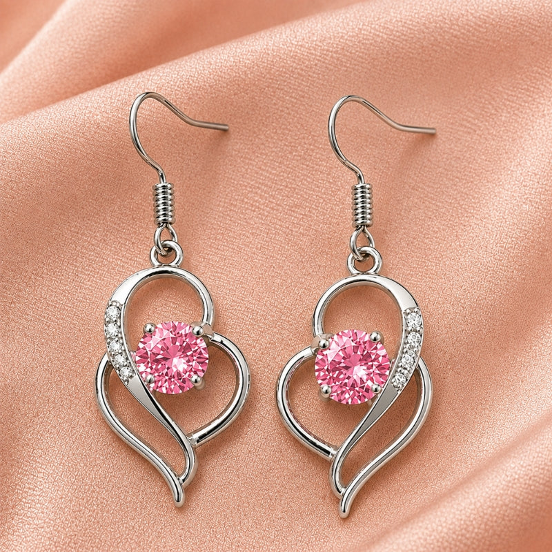 Heart Pendant Pink Stone Drop Earrings with Clear Accents in Silver Tone — main image