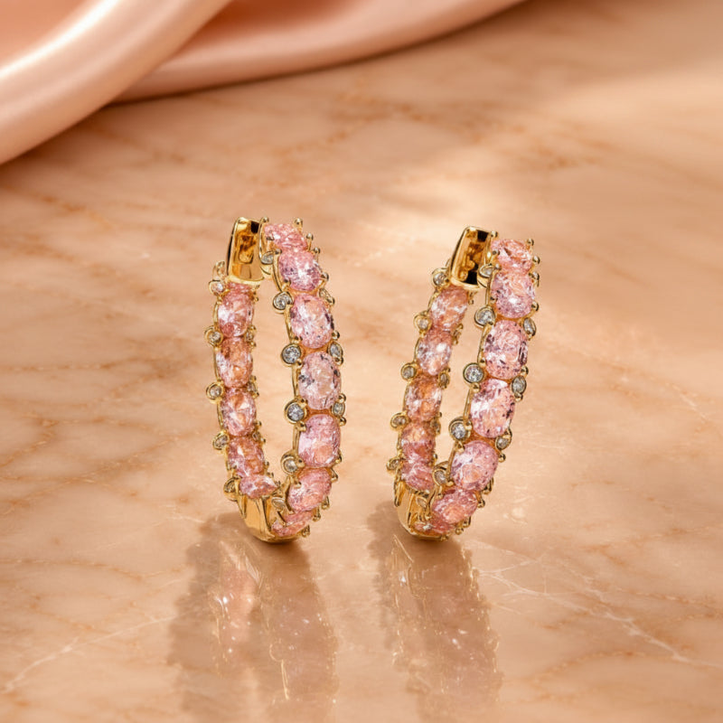 Pink Stone Hoop Earrings with Gold-Tone Accent Stones — main image
