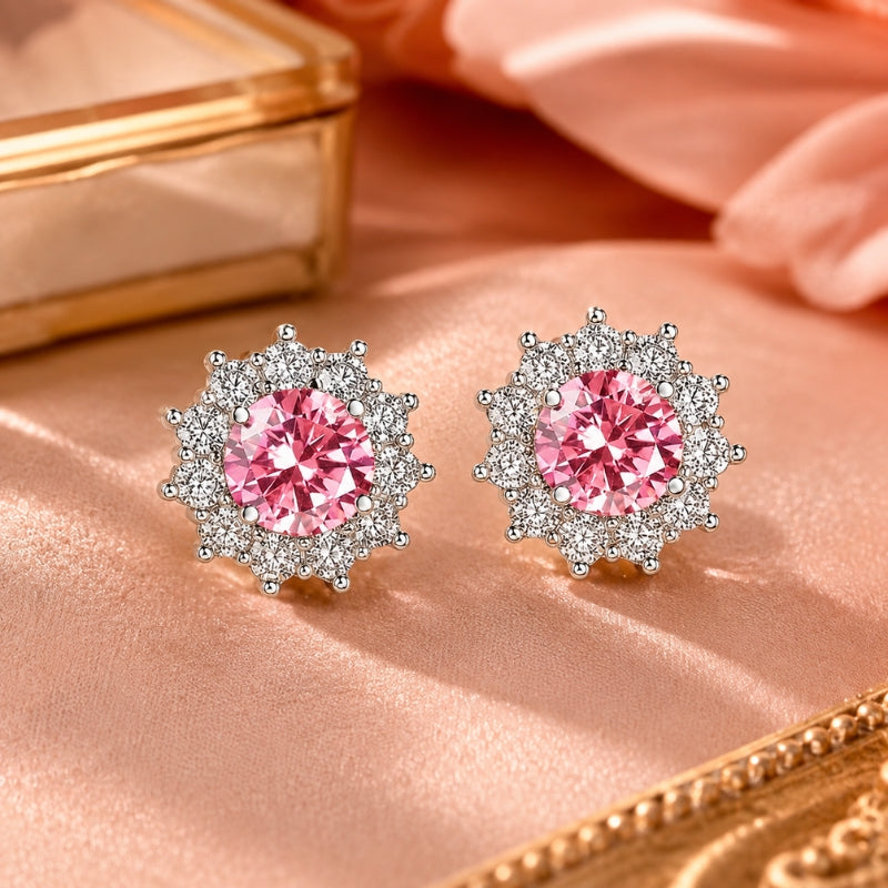Pink Cubic Zirconia Halo Stud Earrings with Flower Setting — main image