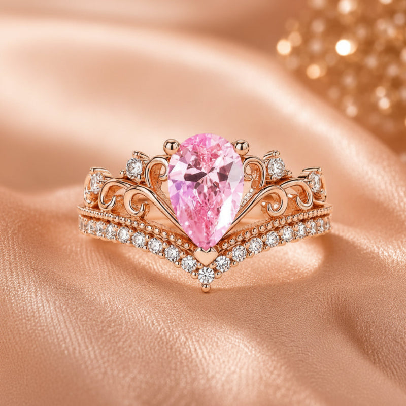 Pear-Shaped Pink Stone Ring with Rose Gold Filigree and Crown-Style Band — main image