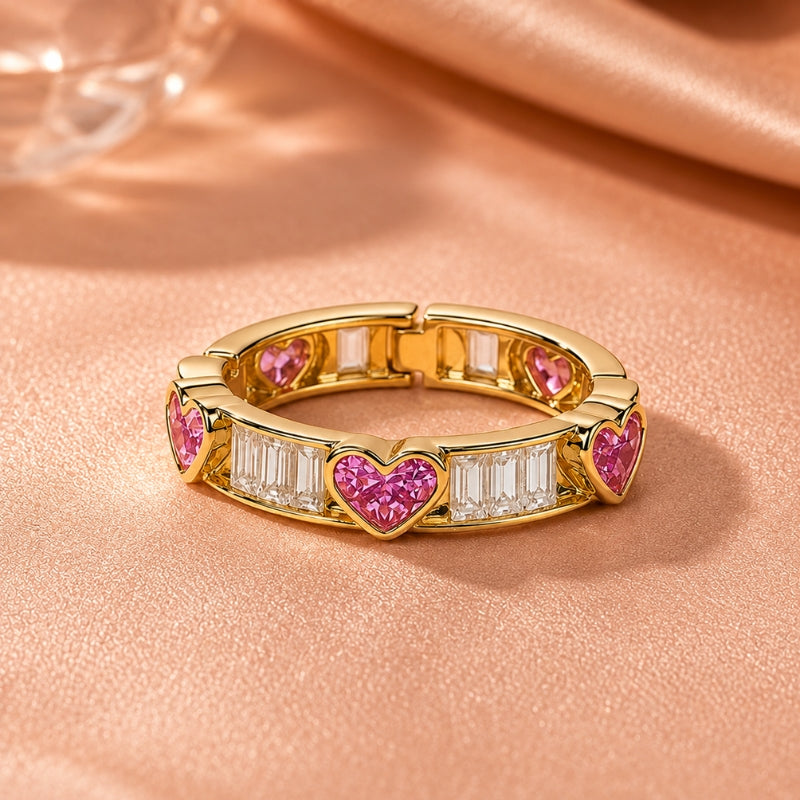 Heart-Shaped Pink Stone Ring with Baguette Accents in Gold Tone — main image
