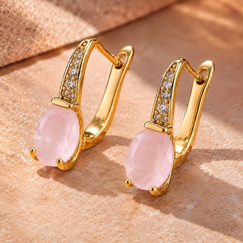 Oval Pink Stone Drop Earrings with Rhinestone Accent Band — main image