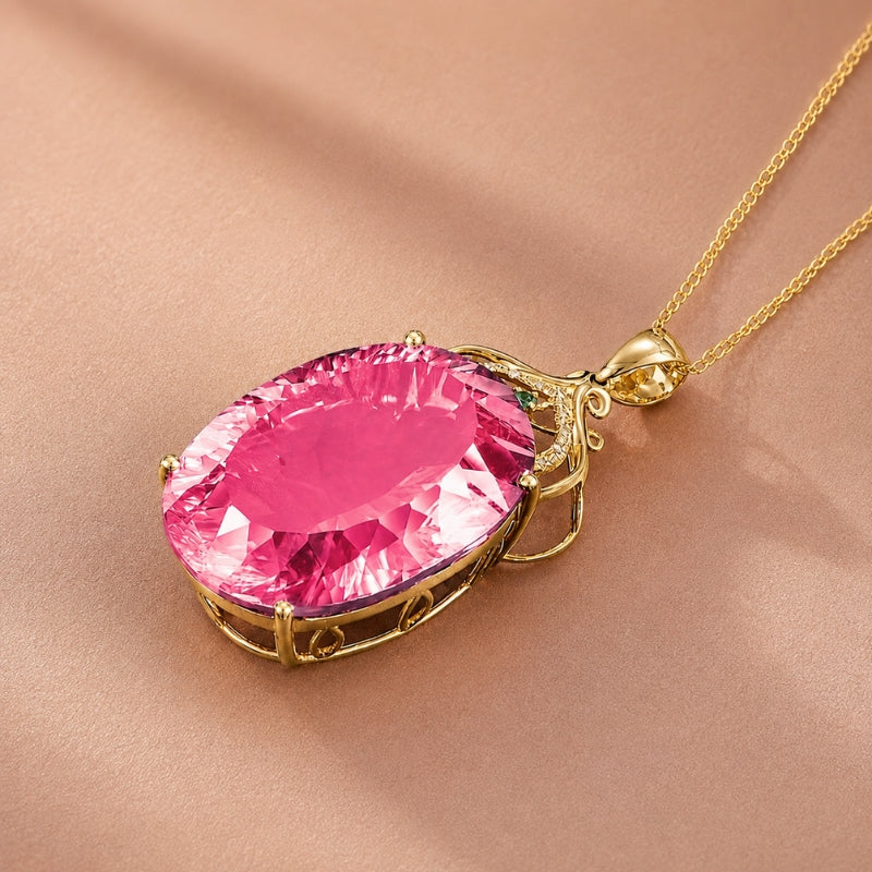 Oval Pink Stone Pendant Necklace with Gold-Tone Scroll Setting — view 2