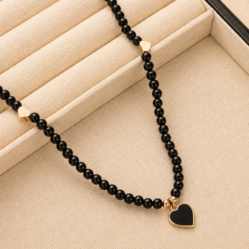 Black Heart Pendant Beaded Necklace with Gold-Tone Accents — view 2