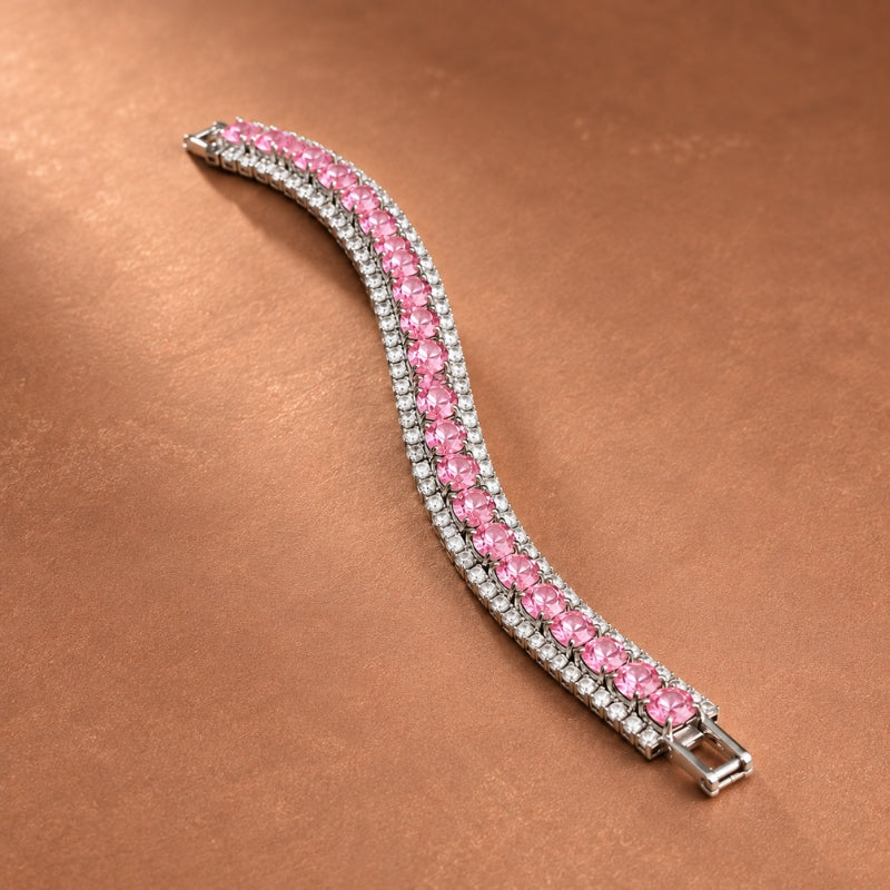 Pink Rhinestone Pavé Bracelet, Curved Tennis-Style Design in Silver Tone — main image
