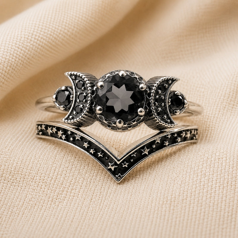 Crescent Moon Black Stone Ring with Star Chevron Band — main image