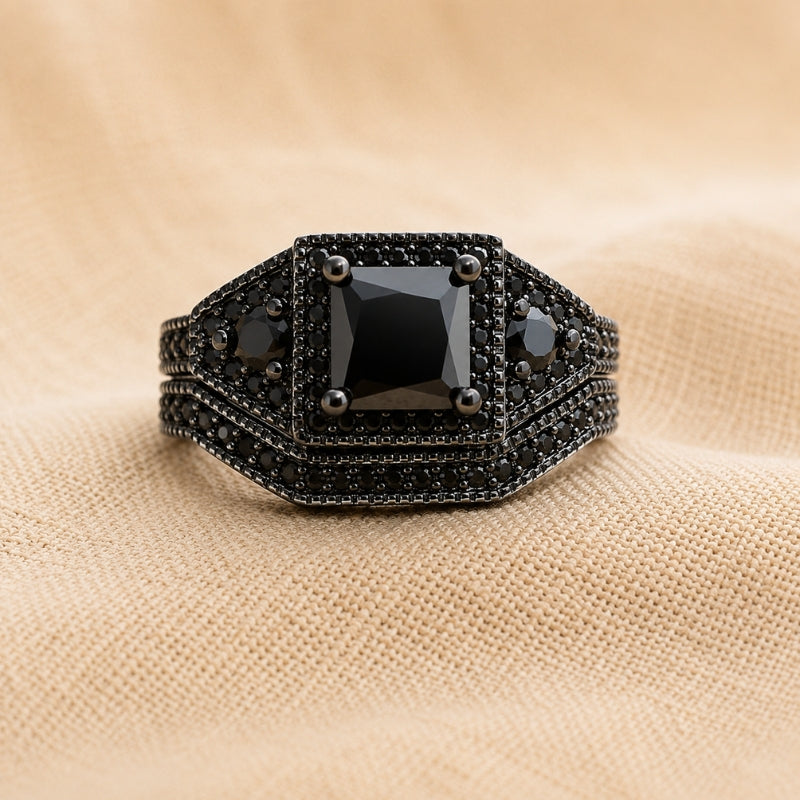 Square-Cut Black Zirconia Halo Statement Ring with Boho Design — main image