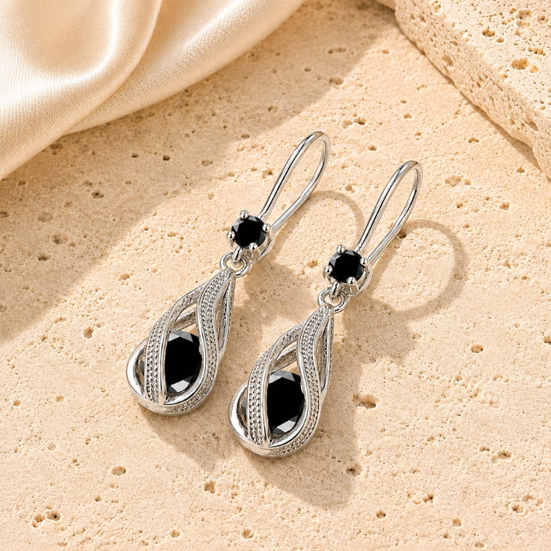 Teardrop Black Stone Drop Earrings with Geometric Openwork Design — main image