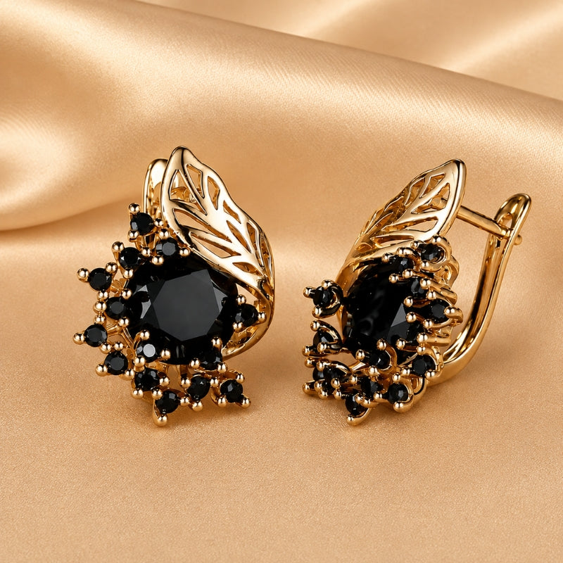 Butterfly Wing Black Stone Drop Earrings with Filigree Detail — main image