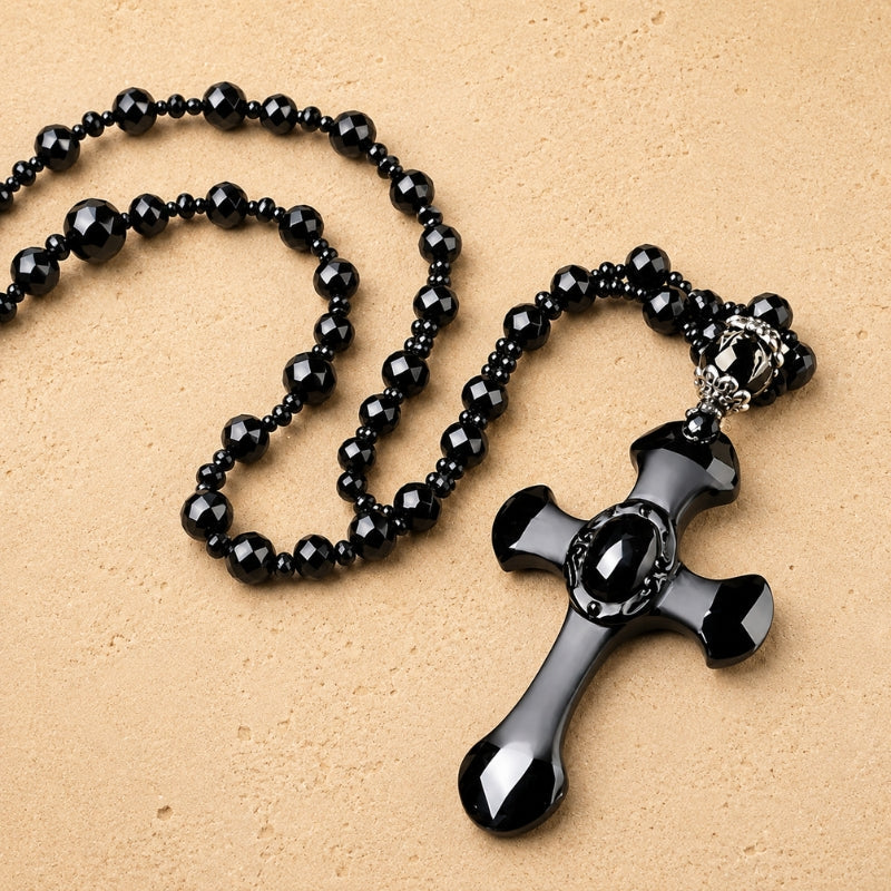 Cross Pendant Black Beaded Necklace with Faceted Stone Accent — view 2