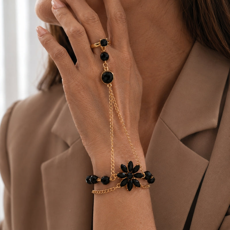 Black Floral Hand Chain Bracelet with Ring Connector — main image