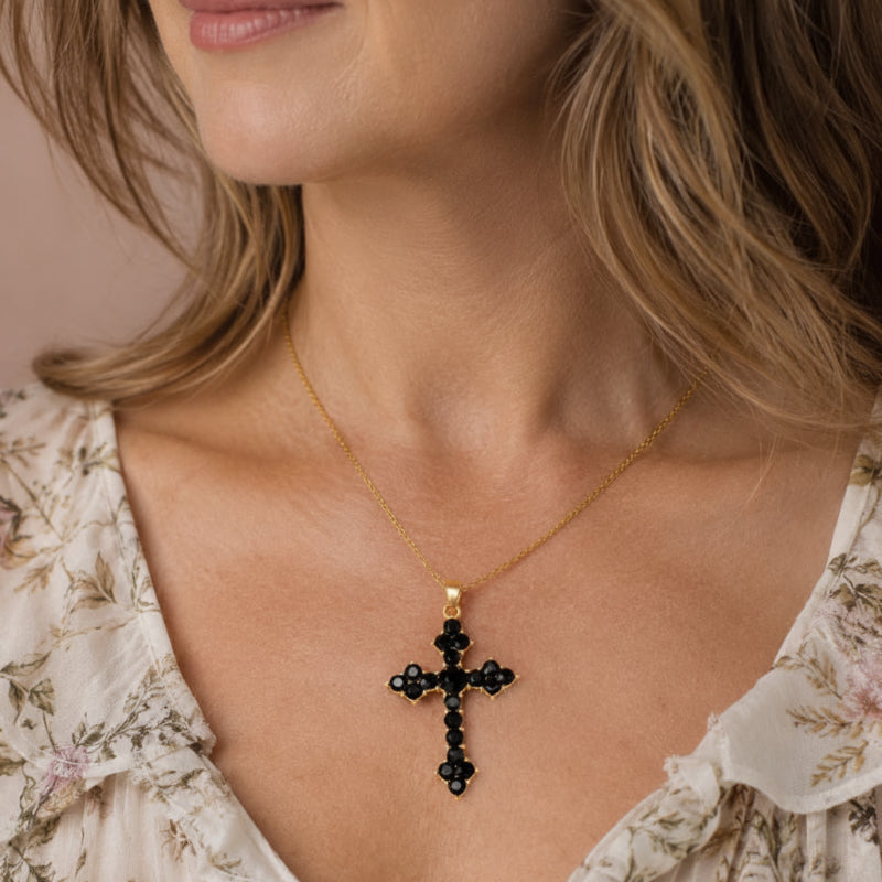 Black Crystal Cross Pendant Necklace with Gold-Tone Cable Chain, Faceted Stone Charm — main image
