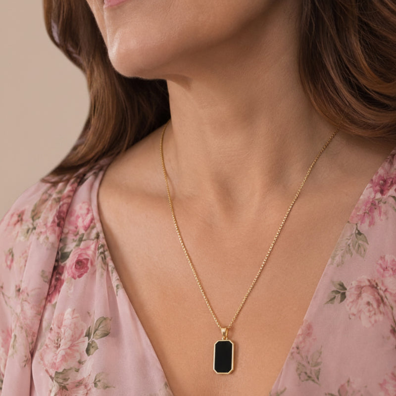 Rectangular Black Stone Pendant Necklace with Adjustable Box Chain — main image