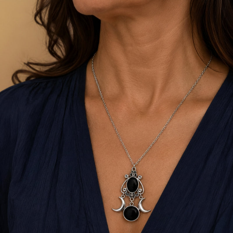 Crescent Moon Pendant Necklace with Bezel-Set Black Stones, Gothic Celestial Filigree, Silver-Tone Zinc Alloy — main image