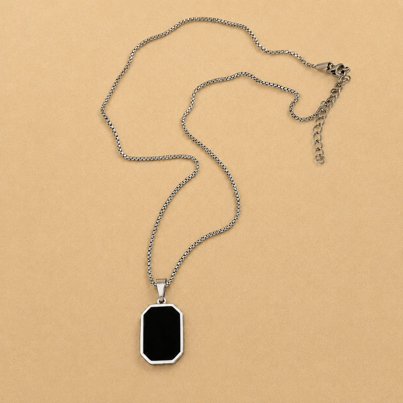 Rectangular Black Stone Pendant Necklace with Adjustable Box Chain — view 3