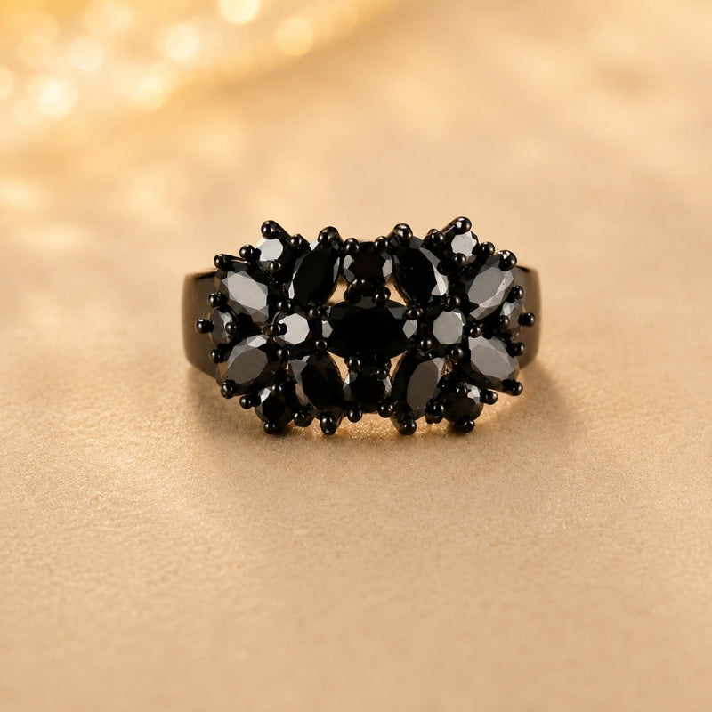 Black Zirconia Cluster Ring with Gun-Black Plated Band and Gold-Tone Accent — main image