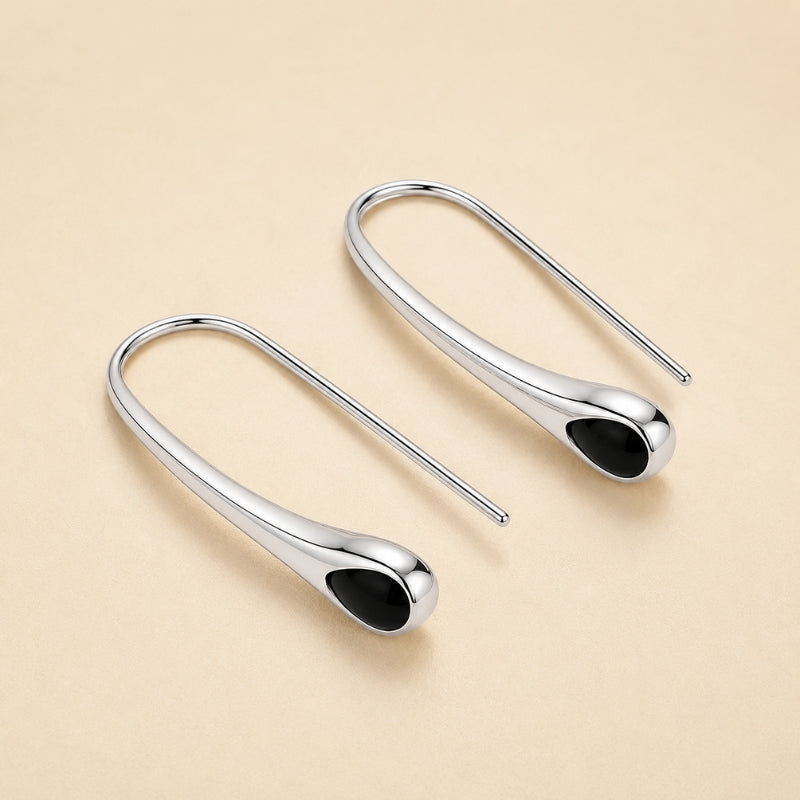 Teardrop Black Stone Drop Earrings with Curved Wire Design — main image