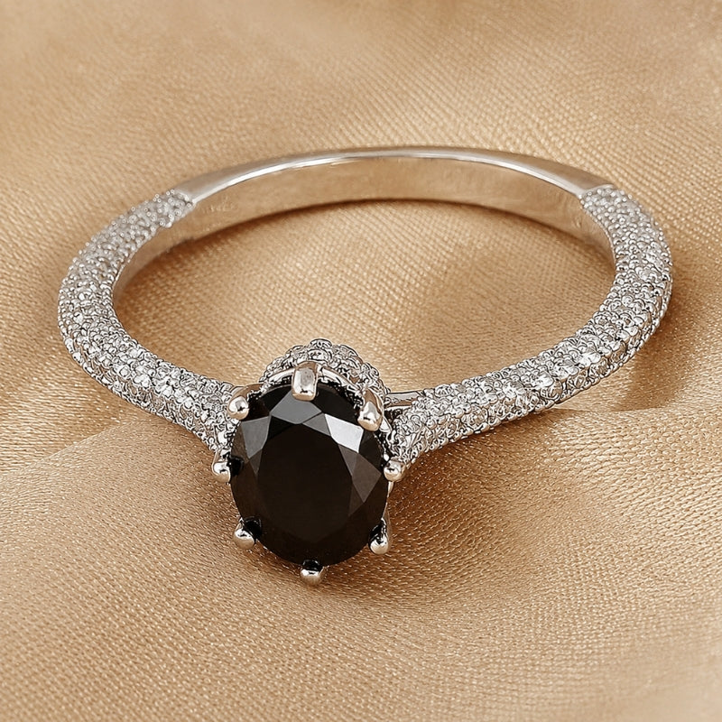 Black Cubic Zirconia Statement Ring with Silver-Tone Pavé Band — main image