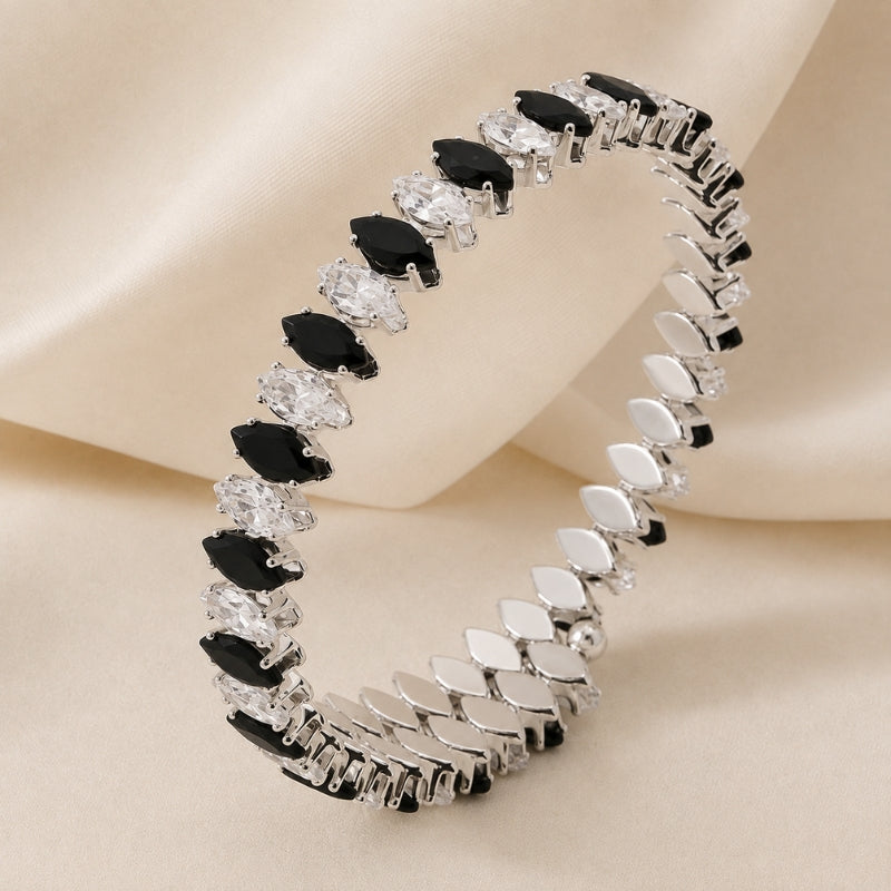 Marquise Zirconia & Black Onyx Tennis Bracelet - Gold-Plated Alternating Stone Design — view 2