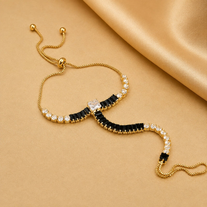 Gold-Plated Adjustable Finger Chain Hand Bracelet with Clear Stone & Black Bead Accents — main image