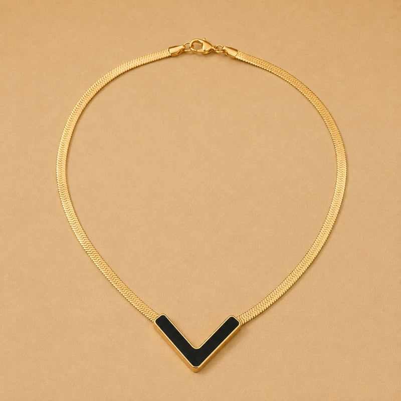 V-Shaped Black Pendant Necklace with Gold-Tone Snake Chain — view 2