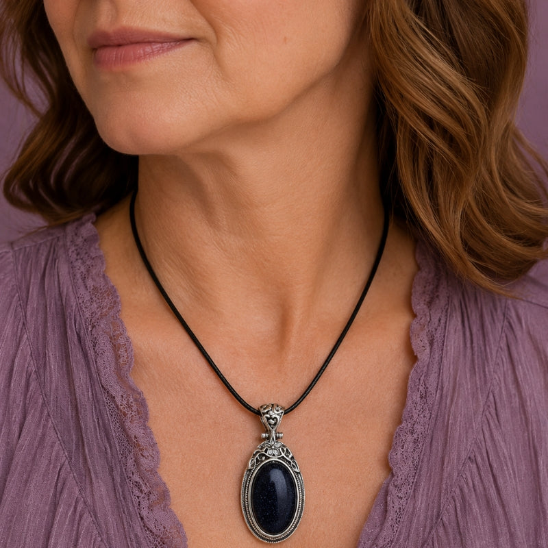 Oval Black Stone Pendant Necklace with Silver-Tone Filigree Setting — main image