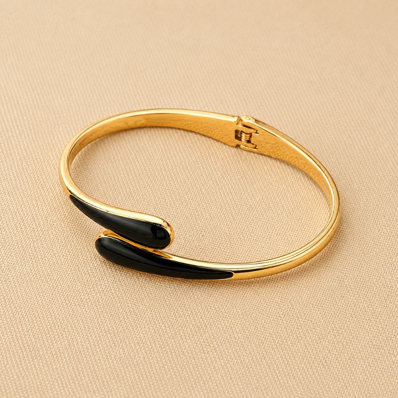 Black Enamel Teardrop Bangle with Gold-Tone Finish — main image