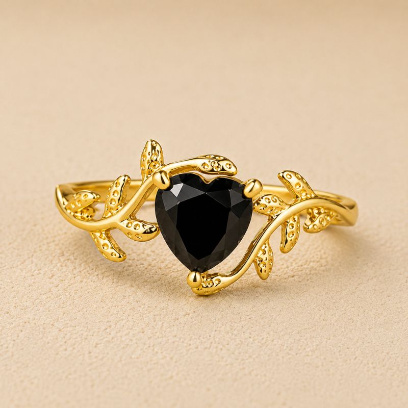 Heart-Cut Black Stone Statement Ring - Ornamental Filigree Band, Three-Prong Setting, Gold-Tone or Silver-Tone — main image