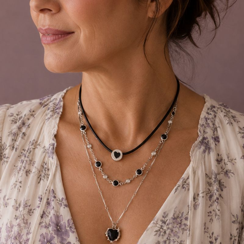 Layered Heart Necklace Set with Black Stone Pendant and Beaded Chain — main image