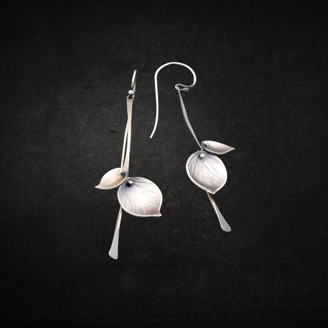 Lily Pod Drop Earrings in Silver Tone with Striped Petal Detail — view 2
