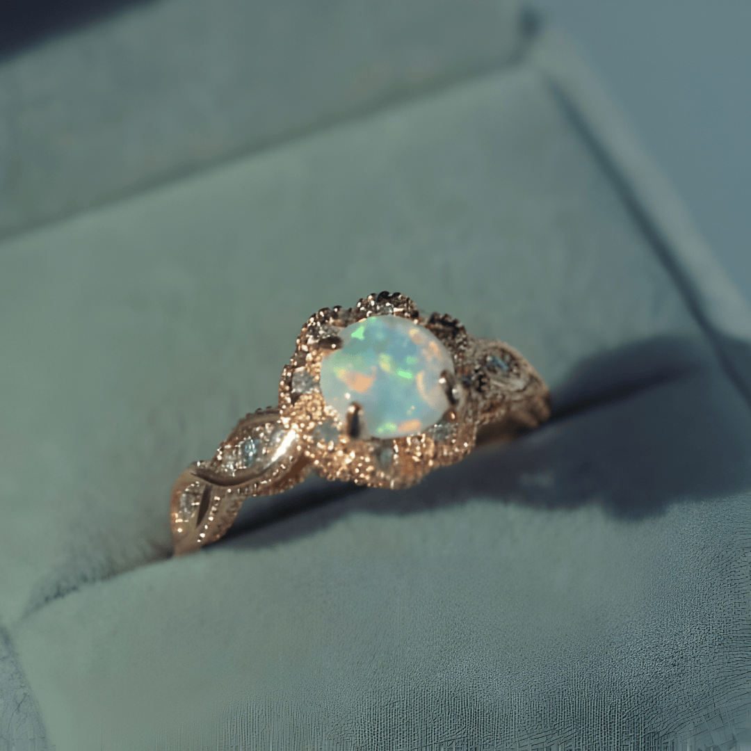 Round Opal Cocktail Ring with Ornate Filigree Halo