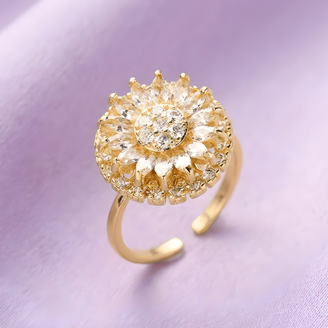 Sunflower Cubic Zirconia Ring with Adjustable Gold-Tone Band