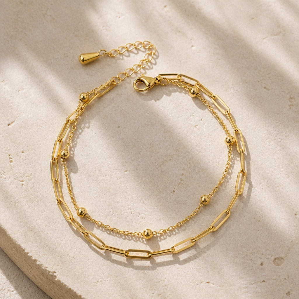 Double Layer Paperclip Chain Bracelet with Bead Accents in Gold Tone — view 2