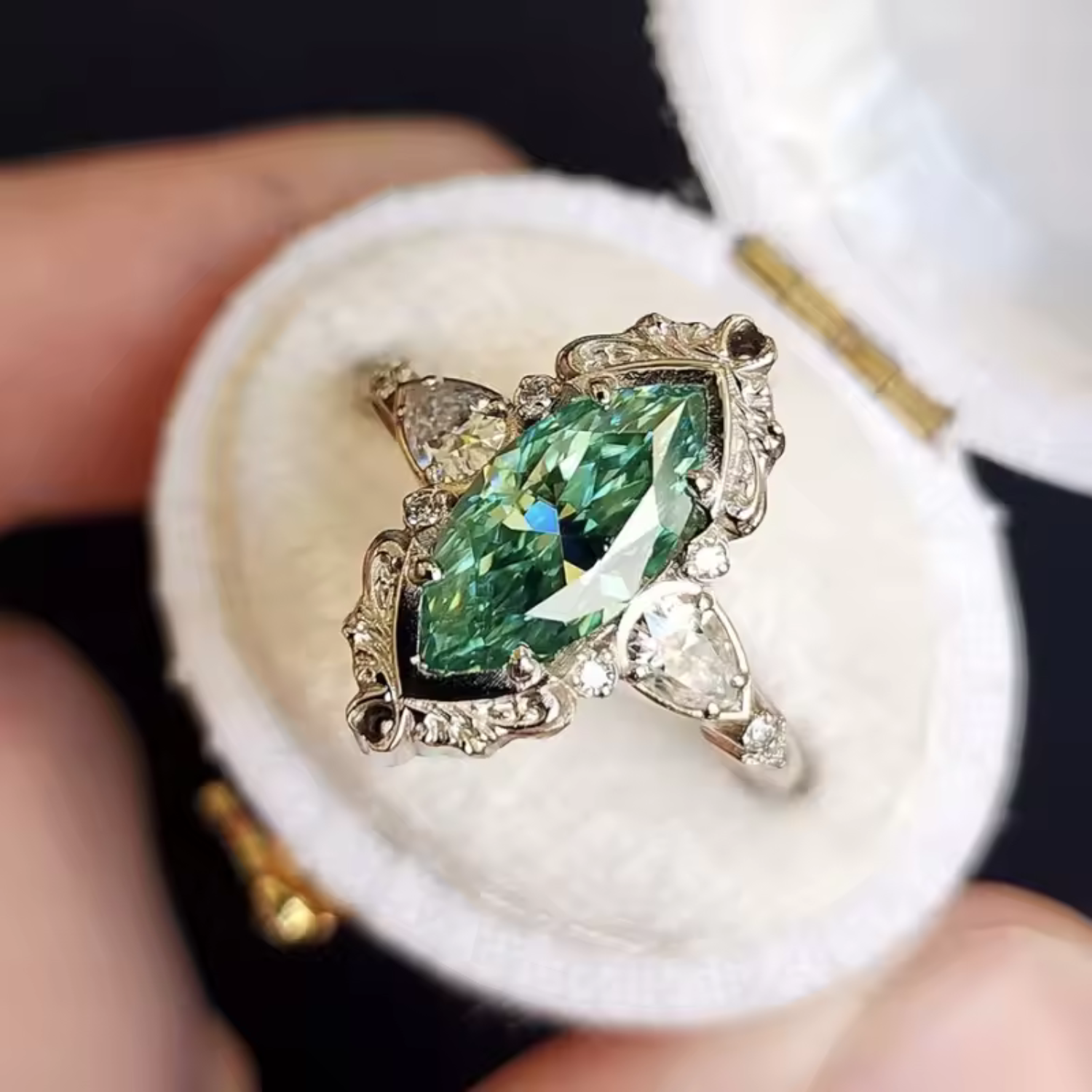 Marquise Green Stone Cocktail Ring with Vintage Filigree Halo Setting