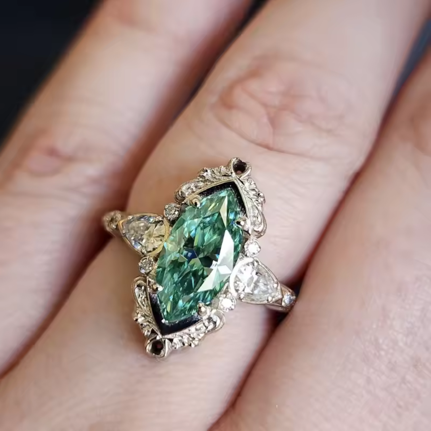 Marquise Green Stone Cocktail Ring with Ornate Filigree Setting