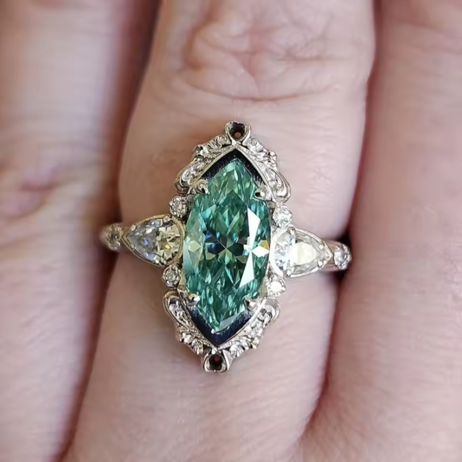 Marquise Green Stone Cocktail Ring with Vintage Filigree Halo Setting