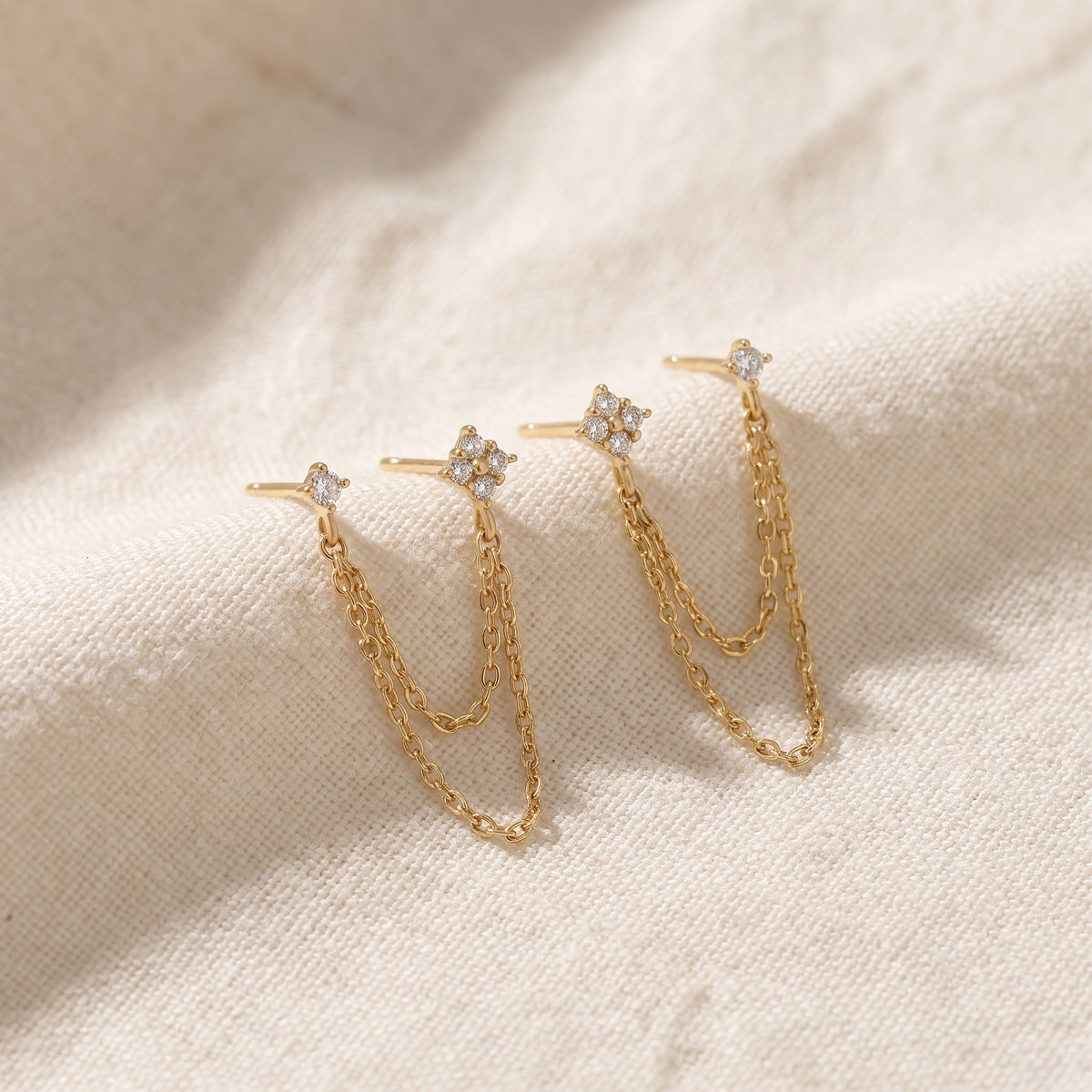 Cluster Cubic Zirconia Drop Earrings with Double Chain Design — view 2