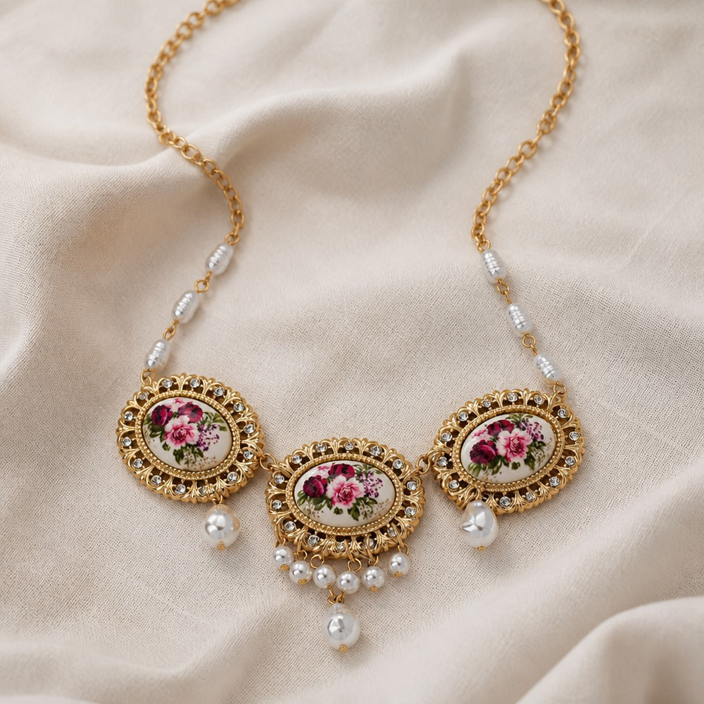 Oval Floral Cameo Pendant Necklace with Pearl Accents in Gold Tone — view 2